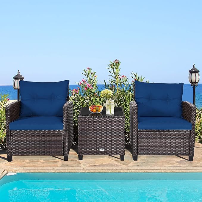 HAPPYGRILL 3 Pieces Patio Conversation Set, Outdoor Furniture Set PE Rattan Sofa Set with Removable Cushions, PE Wicker Chairs with Tempered Glass Side Table for Porch Lawn Garden Balcony Backyard