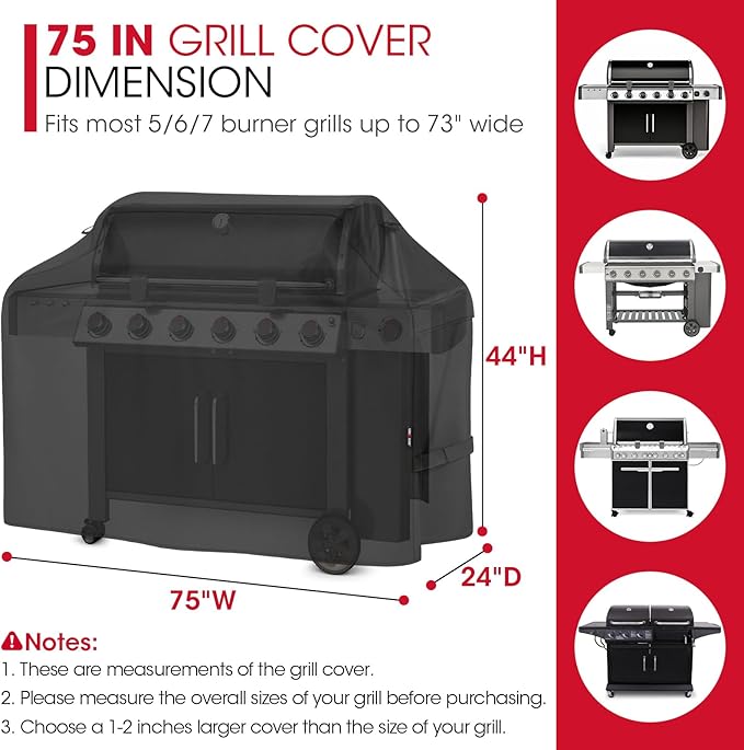 Unicook Grill Cover 75 Inch for Outdoor Grill, Large BBQ Cover with Side Handles and Air Vents, Heavy Duty Waterproof Fade Resistant, Compatible with Weber Charbroil Nexgrill Kenmore BBQs, Black