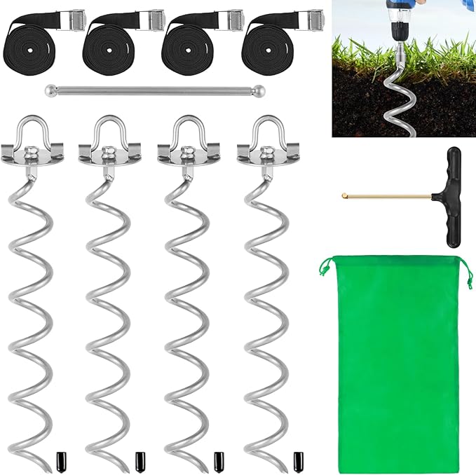MIXXIDEA 17.5 Inch Gound Anchors Screw in, Metal Spiral Earth Anchors Kit, Heavy Duty Folding Ring Ground Stakes for Tent Trampolines, Garden Fence, Sheds, Swings (Silver, 17.5 Inch with 92in Strap)