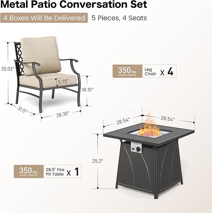Patio Furniture Set with Firepit Table, 5 Piece Metal Outdoor Patio Furniture set for 4, 4 Single Chairs with 5.75" Extra Thick Cushion and Gas Firepit Table for Backyard Poolside Deck