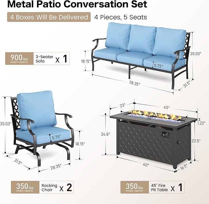 4 Piece Metal Outdoor Patio Furniture Set with 5000 BTU Firepit Table, Patio Conversation Sets 1 3-seater Sofa, 2 Rocking Chair with 5.75" Thick Cushion, Black Backyard Furniture, Blue