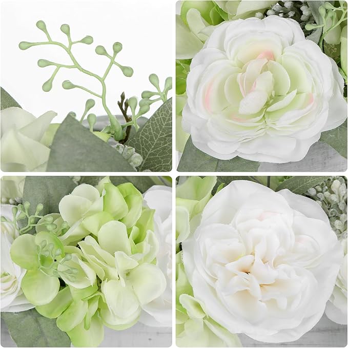 DILATATA Flower Arrangement with Wooden Vase 10" Artificial Flowers in Pot - Fake Flowers in White Rectangular Wooden Vase Potted Faux Flower Centerpieces for Table Decor Living Room - White