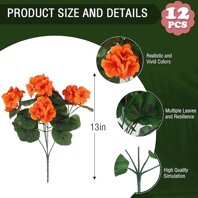 Hananona 12 Pcs Artificial Geranium Flowers for Outdoors Orange Silk Geranium Flowers Outdoor UV Resistant Plants Faux Fall Flower for Home Kitchen Autumn Table Centerpieces Decor (12, Orange)