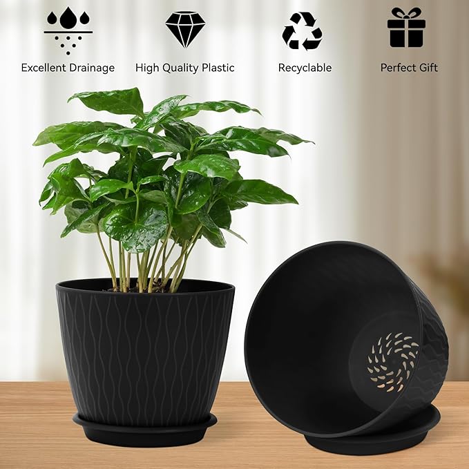 Plant Pots – 6 Inch Planters with Drainage Holes and Saucers, Flower Pots for Indoor and Outdoor Plants, Nursery Planting Pots (Pack of 5, Black)