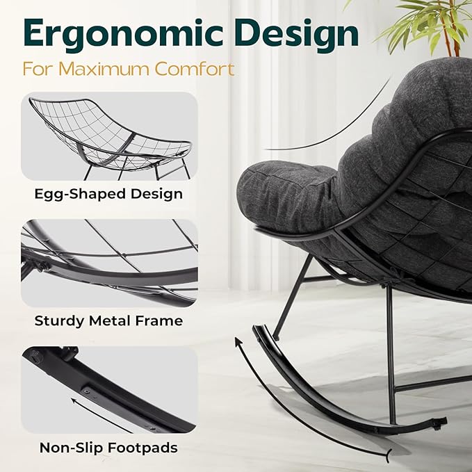 Bme Patio Rocking Chair Outdoor & Indoor, Metal Patio Lounge Rocking Chair with Thick Cushion, Comfy Modern Rocker Chair for Living Room, Porch, Backyard, Grey Cushion - Black Matte Rocker