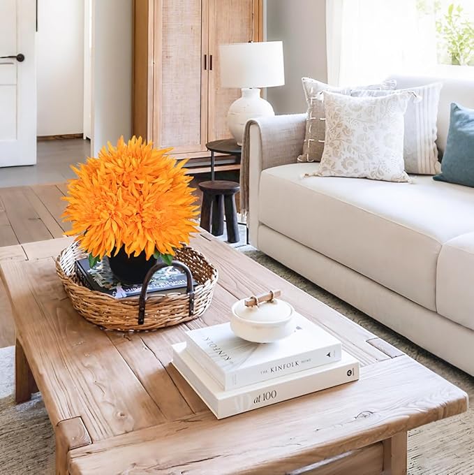 Hollyone Artificial Mums Flowers in Vase Faux Chrysanthemum Silk Flower Potted Plant Fake Plants & Flowers with Pot Floral Arrangements Bouquets Pincushion Spider Mum Flower Home Decor Orange