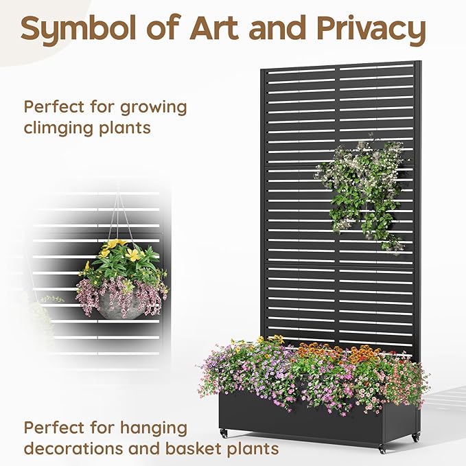 Metal Raised Garden Bed with Trellis & Wheels,70" x 35"x 15.7" Planter Box with Trellis,Privacy Planters for Patio,Garden Bed for Climbing Plants,Suitable for Climbing Plants and Vegetables,Black