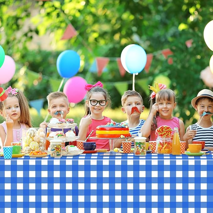 2 Pack Navy Blue and White Checkered Tablecloth, Dark Blue Plastic Table Cloths for Parties Disposable, 54 x 108 inch Waterproof Blue Gingham Camping Tablecloth for Birthday, Party, Picnic