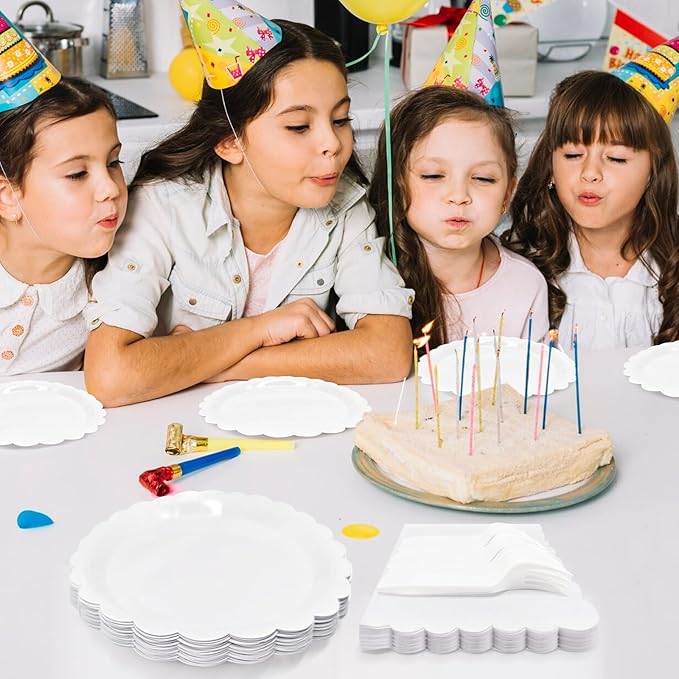 White Paper Plates and Napkins,7 Inch White Scalloped Disposable Dessert Plates Paper Napkin Fork Party Supplies for Wedding Baby Shower Birthday(25 Guest)