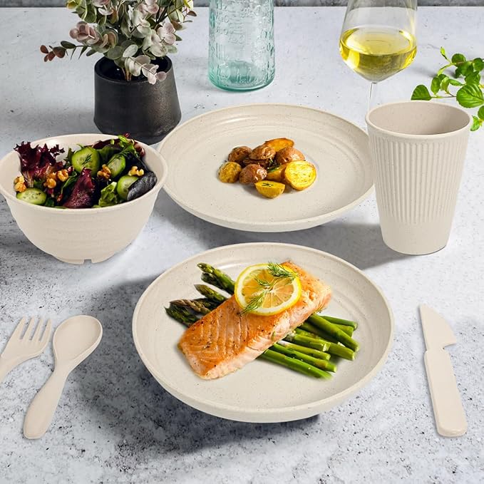 Wheat Straw Dinnerware Sets - SGAOFIEE 36 Piece Unbreakable Dinnerware Sets, Reusable Wheat Straw Plates and Bowls Sets, Travel Camping Cutlery Set, Dishwasher Microwave Safe Dinnerware-Beige White