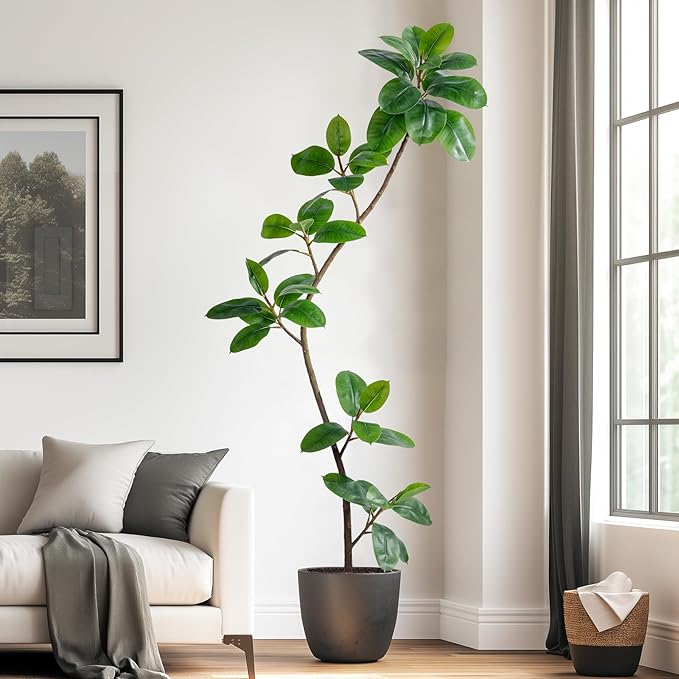 6.6ft Artificial Rubber Tree Faux Plants Indoor Faux Floor Artificial Trees Indoor,Fake Plant Fake Tropical Plants,Large Floor,Real Touch Rubber Tree for Home Decor