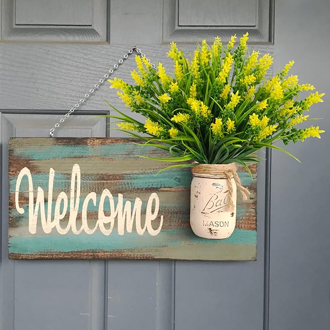 12 Bundles Artificial Plants Outdoor, 18.2" UV Resistant Faux Monkey Grass Greenery Stems No Fade Faux Plastic Flowers Shrubs for Home Weddings Garden Porch Front Patio Office Decor - Yellow