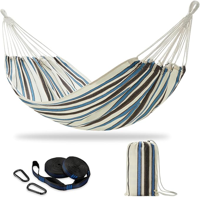 Brazilian Double Hammock with Tree Straps,Extra Large 94x63IN,2 Persons Hammock for Backyard Patio Outdoor and Indoor,450lbs Weight Capacity,Soft Woven Cotton Fabric - Blue Stripe
