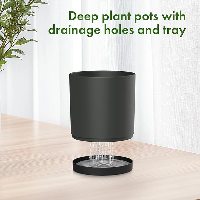 10/8/6 inch Large Deep Plant Pots for Outdoor Indoor Plants, 3 Pack Tall Cylinder Flower Pots with Drainage Holes and Saucers, Big Plastic Planter Pots for Garden House Porch, Black