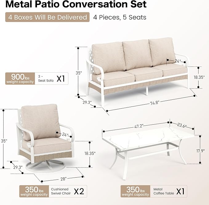 4 PCS Metal Outdoor Patio Furniture Set, Patio Conversation Sets 1 3-seater Sofa, 2 Swivel Chairs with 5.75" Extra Thick Cushion and Coffee Table, White Frame Backyard Furniture, Beige