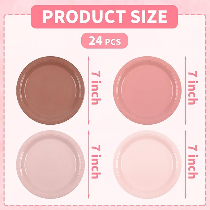 Dusty Pink Paper Plates 7Inch Gradient Pink Party Plates 4 Colors Disposable Round Dessert Plates for Coquette Birthday Wedding Bridal Shower Party Supplies (24)