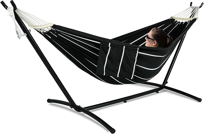 Double Hammock with Stand for Outside, Upgraded Spreader Bar, Heavy Duty Space Saving Steel Stand 2 Person, Side Pockets, Easy Assembly, 600lbs Weight Capacity, Indoor & Outdoor (Darkness)