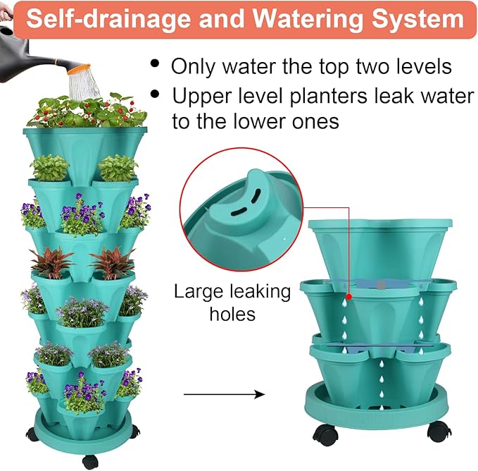 Vertical Planter 7 Tier Stackable Planters Garden Planters Strawberry Herb Flower and Vegetable Planter Indoor Outdoor Gardening Pots with Removable Wheels and Tools