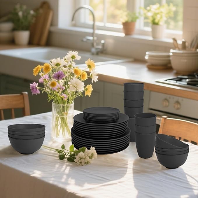 Wheat Straw Dinnerware Sets 40 PCS- Unbreakable Dishes Set for 8, Dishwasher and Microwave Safe Plates and Bowls Sets, Reusable Plastic Plates, Bowls, Drinking Cups for Camping, Party - Black