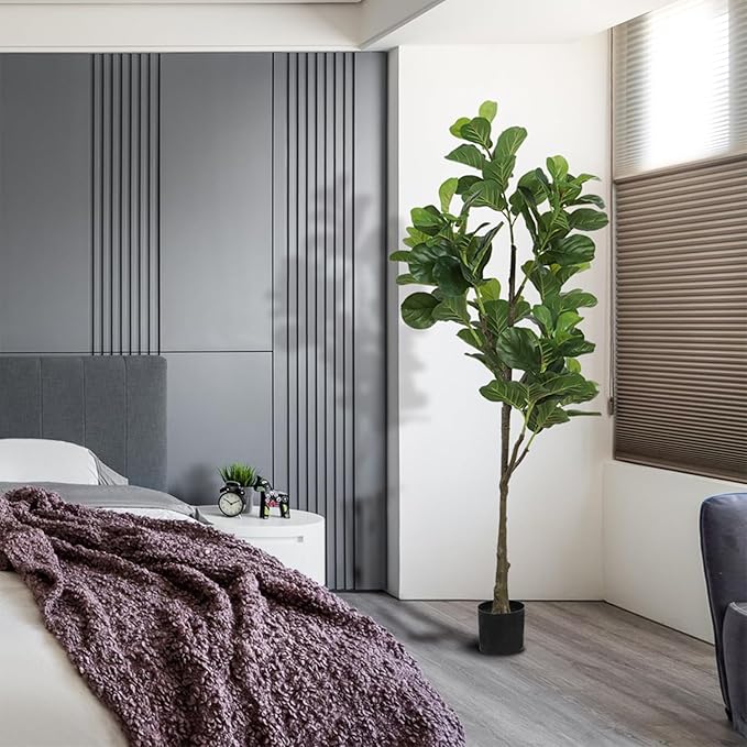 Faux Fiddle Leaf Fig Tree 6ft(72in) Artificial Floor Plant for Indoor Decor Realistic Potted Tree with Texture Silk Leaves and Natural Wood Trunk for Home Living Room,Office Perfect Housewarming Gift