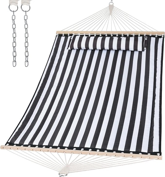 SUNCREAT Double Quilted Hammock with Hardwood Spreader Bar, Extra Large Soft Pillow, Heavy Duty 2 Person Hammock for Indoor, Outdoor, Black Stripes