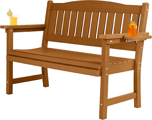 2-Person HIPS Outdoor Benches, Weatherproof Garden Bench with 800 lbs Weight Capacity, Artificial Wood Grains, Never Rot or Fade, Patio Benches for Garden, Porch, Balcony, Backyard,Park, Brown