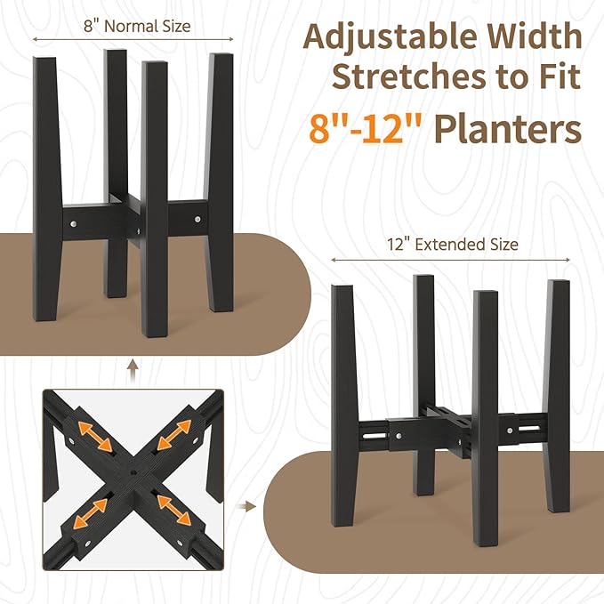LASZOLA Bamboo Adjustable Plant Stand for Single Large Indoor Planters, Heavy Duty Floor Fern Holder Fits 8 to 12 Inch Pots, Mid Century Elevated Big Stool for Flower– Pot Not Included, Black, 2 Pack