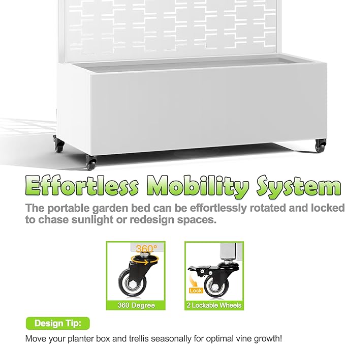 15.7"×70.9"×35.4" Metal Raised Garden Bed with Trellis and Wheels - Tall Trellis Planter Box for Climbing Plants, Vegetables & Vines - Outdoor Privacy Planters for Patio (White-Brick)