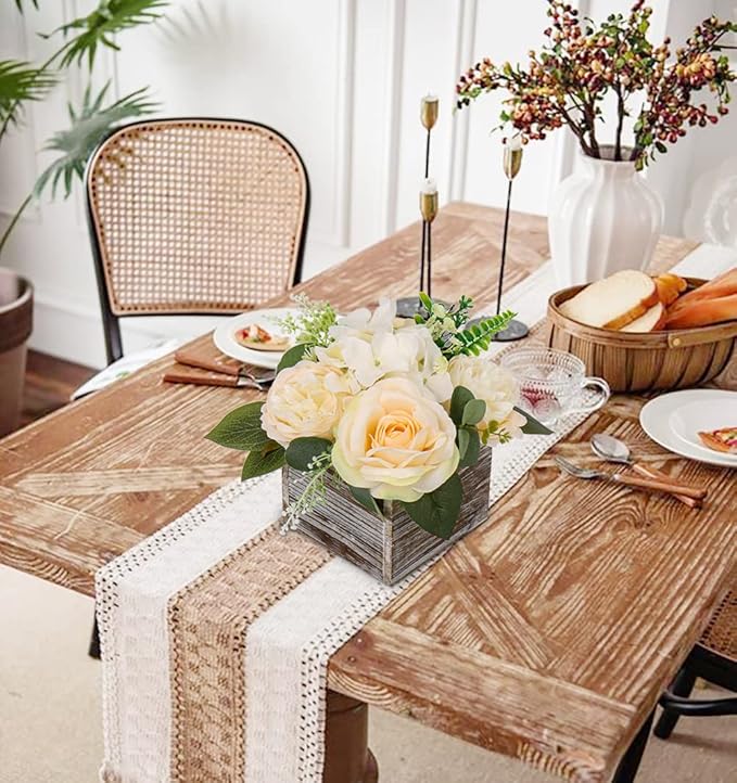 DILATATA Flower Arrangement with Wooden Vase 8" Artificial Flowers in Pot - Fake Flowers Roses Peonies Hydrangeas in Wooden Vase Potted Flower Centerpieces for Table Decor - Pale Yellow