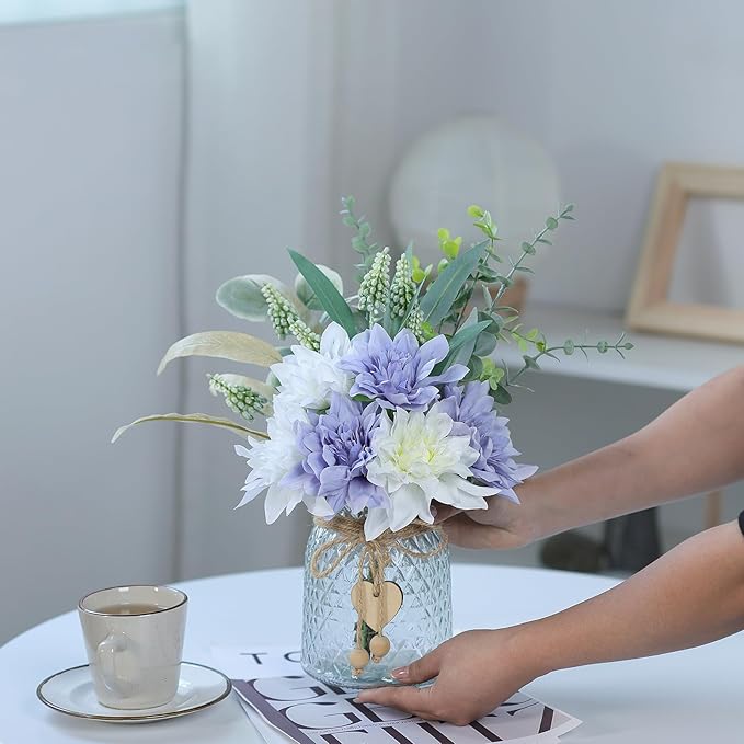 Faux Flowers with Vase,Artificial Silk Flowers in Vase, Fake Plant Eucalyptus and Willow,Flower Arrangement for Home Farmhouse kitchen Dining Table Centerpiece Decorations Table Decor (Dusty Purple)