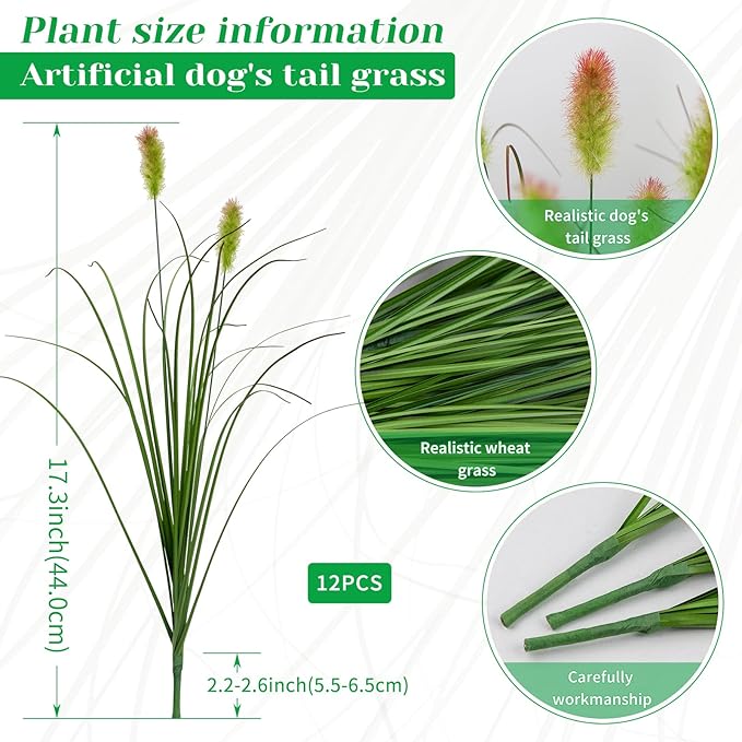 Artificial Grass Plants Outdoor 12 Bunches Fake Onion Grasses with Plush Fake Shrubs Plant Flowers Faux Greenery Wheat Sea Grass for Outside Garden Indoor House Home Office Room Décor (Green & Red）