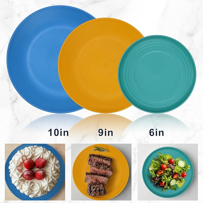 Wrova 40Pack plates and bowls sets for kids - Unbreakable wheat straw dinnerware sets service for 8 - Alternative plastic 40pcs dish sets for kitchen, camping and indoors dinning - (Colorful)