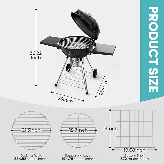 Premium 22 Inch Charcoal Grills with 2 Foldable Tables, BBQ Grill with Cover, Outdoor Barbecue Grill with Ash Catcher, Portable Charcoal Kettle Grills with Wheels for Camping Party Backyard