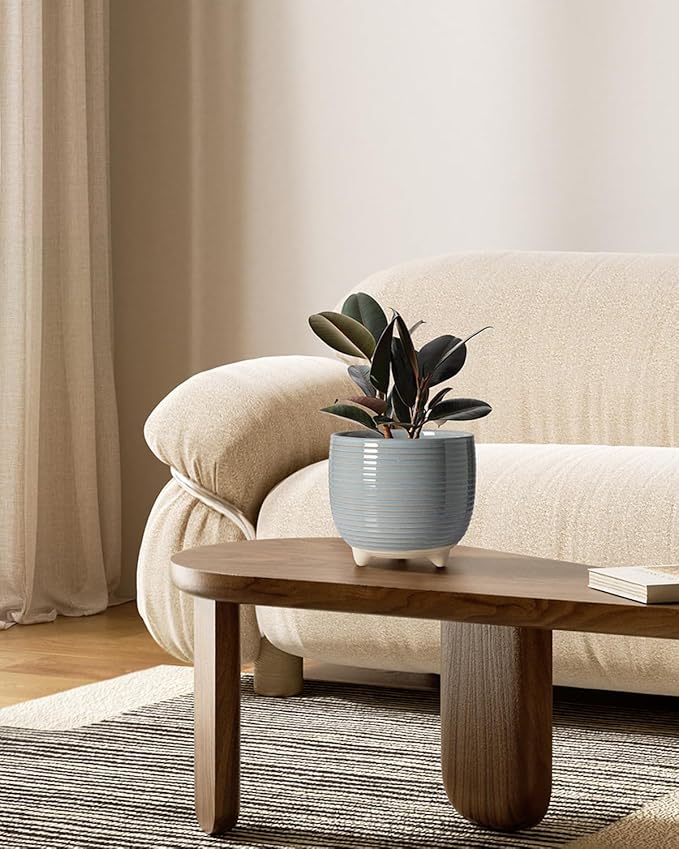 LE TAUCI Ceramic Plant Pots, 5.1 + 6.4 Inch Footed Pots for Plants, Modern Flower Pots for Home and Office, Indoor Planters with Drainage, Reactive Glaze Gray