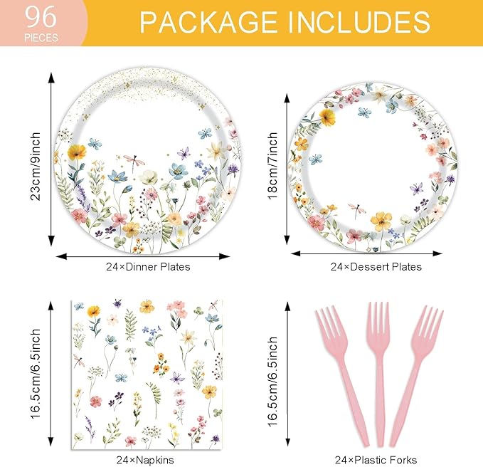 96 Pcs Wildflower Party Supplies Paper Plates and Napkins Disposable Spring Floral Baby Shower Birthday Tableware Decorations for Spring Summer Picnic Wedding Tea Party, Serve 24 Guests