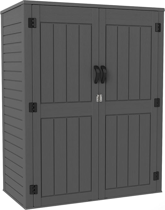 Vertical Resin Storage Shed, 60 Cuft Garden Tool Sheds & Outdoor Storage, Plastic Outdoor Storage Cabinet Waterproof, 4.5 x 2.3 ft Backyard Outside Lawn Mower Storage Shed, Grey