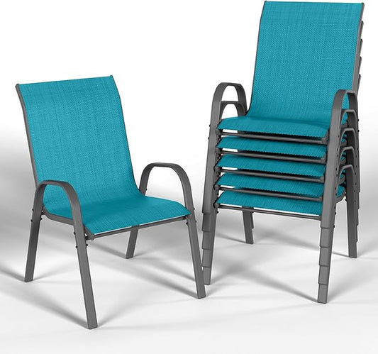 Patio Dining Chairs Set of 6, Stackable Dining Chairs High Back, Breathable Seat Fabric and Alloy Steel Frame Fit Backyard, Porch, Lawn，Poolside (Sky Blue)