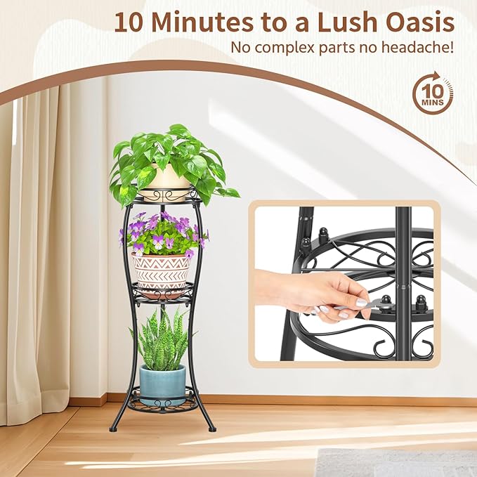 LASZOLA Black 3 Tier Tall Plant Stand for Indoor Outdoor, Large Multiple Level Flower Planter Holder Organizer Rack for Patio Office Bathroom Corner Floor, Sturdy Heavy Duty Metal, Vertical Display
