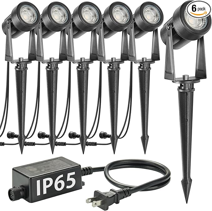 SUNTHIN Outdoor Landscape Lighting, 6 Pack Outdoor Spot Lights with Transformer for Yard, Plant, Lawn, Tree, Flags, House, Garden, Fence Use, IP65 Waterproof & Connectable