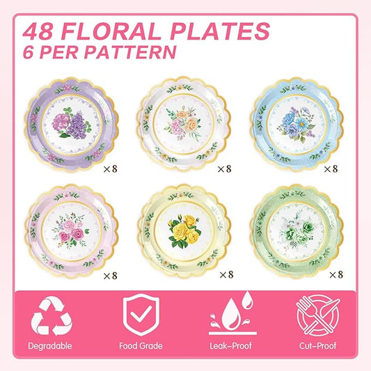 48Pcs Floral Paper Plates, 7 Inch Flower Party Plates Floral Disposable Plates for Tea Party, Birthday Baby Shower Garden Wedding Afternoon Decorations, 6 Styles (48, 7 inch)