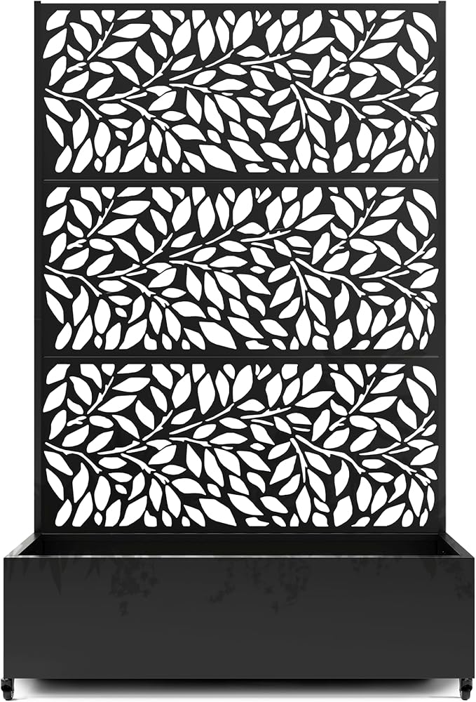 Raised Garden Bed with Trellis and Wheels,73"x47"x16" Metal Raised Garden Bed,Black Flowing Leaf-2 Metal Planter with Climbing Trellis for Vines & Vegetables