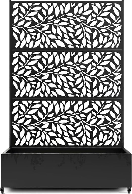 Raised Garden Bed with Trellis and Wheels,73"x47"x16" Metal Raised Garden Bed,Black Flowing Leaf-2 Metal Planter with Climbing Trellis for Vines & Vegetables