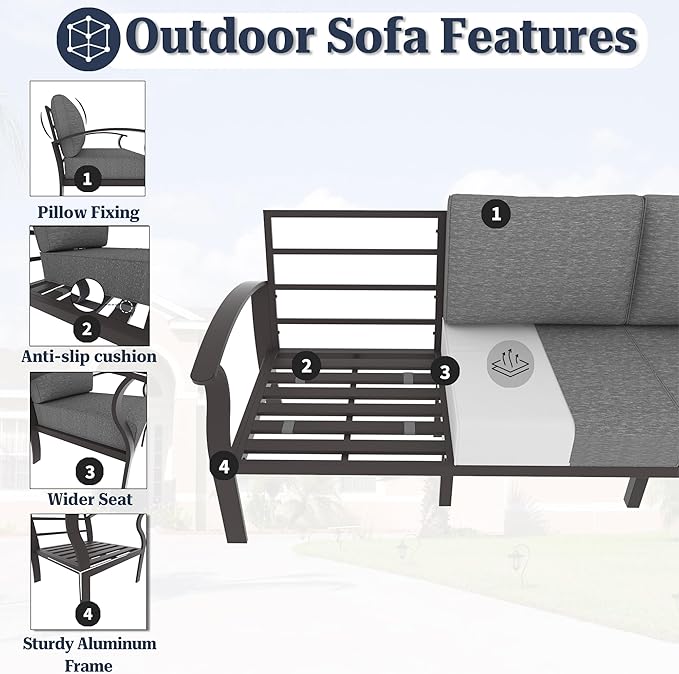 Kurapika Patio Furniture Set 10-Piece Aluminum Sectional Sofa with Armrest, Modern Outdoor Conversation Set w/55000 BTU Propane Fire Pit Table, Metal Corner Sofa with Ottoman, Grey