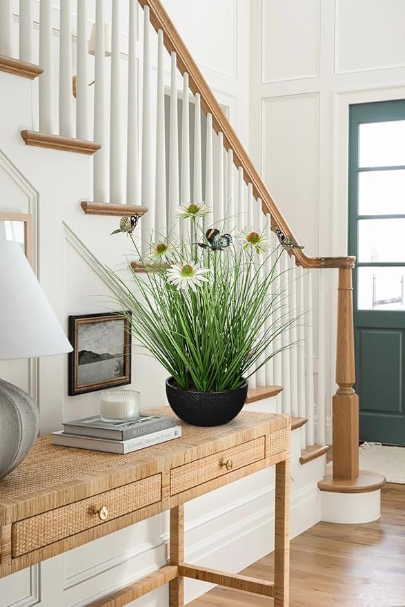 Artificial Plants Indoor with Pot, 17.3" Fake Potted Plants Artificial Onion Grass Plant with White Daisies Flowers and Butterflies Small Faux Plant Indoor for Home Living Room Table Shelf Decor