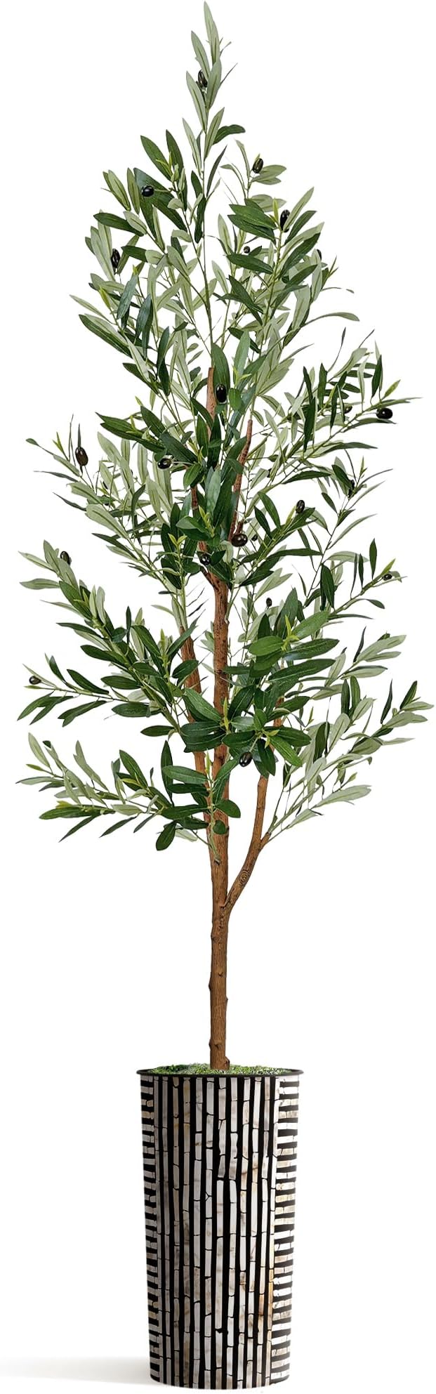 Artificial Tree in Black and Brown Striped Planter, Fake Olive Silk Tree for Indoor and Outdoor Home Decoration - 68" Overall Tall (Plant Pot Plus Tree)
