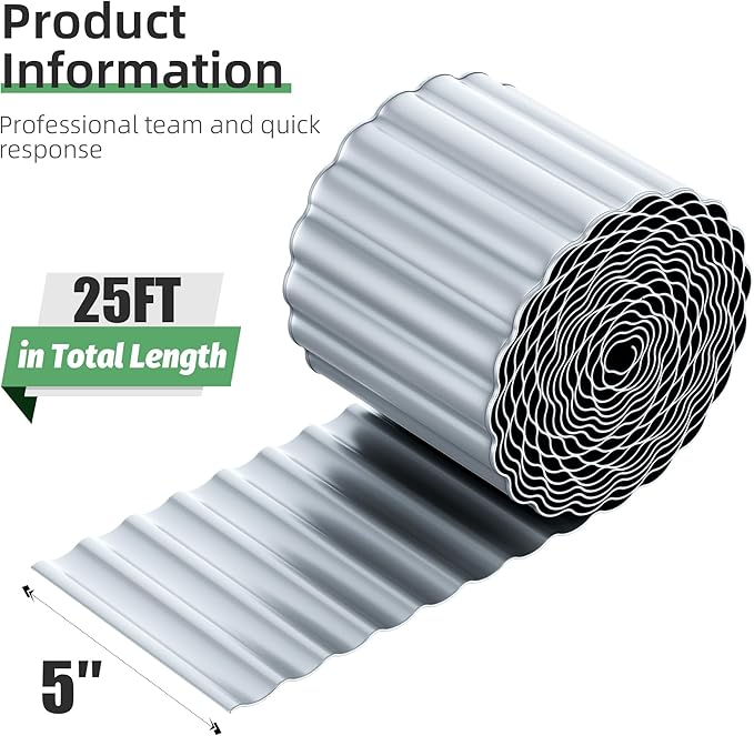 AHEONLAR Corrugated Metal Garden Edging, 5''×25Ft Steel Landscape Edging Border, Flower Bed Edging Borders, Metal Lawn Edging for Landscaping, Garden, Pathway, Lawn, Flower Bed, Garden Bed (Silver)