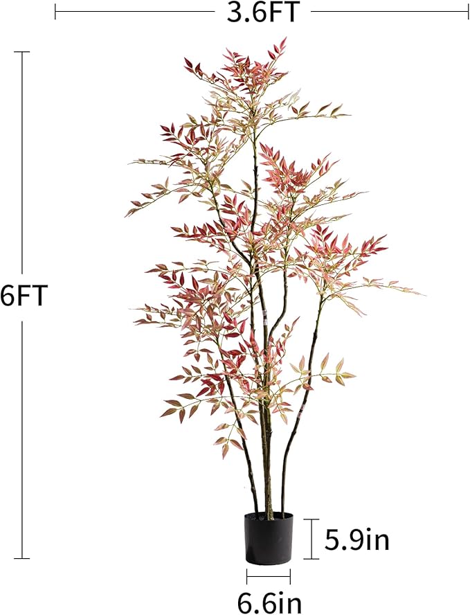 6ft Faux Bamboo Tree Artificial Nandina Tree Artificial Indoor Plants Realistic Fake Potted Tree with 800+ Leaves, Cement Planter - Home Office Decor Perfect for Housewarming Gift Non-Toxic