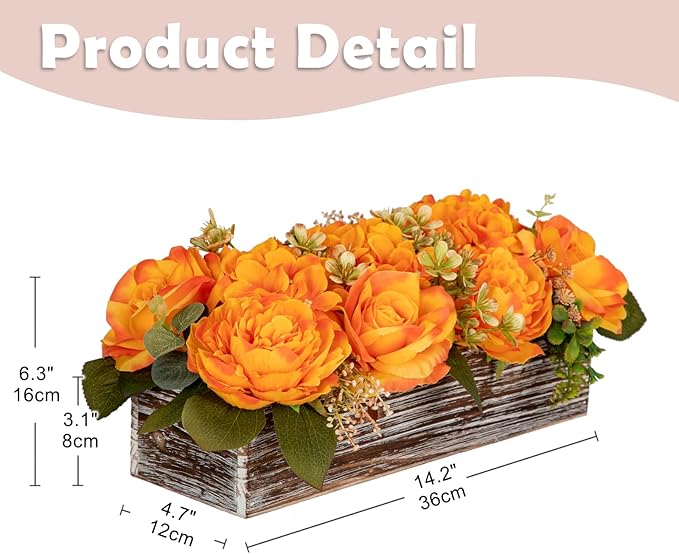 Flower Arrangement with Wooden Vase 14" Artificial Flowers in Pot - Fake Flowers Roses Peonies Hydrangeas in Wooden Vase Potted Artificial Flower Centerpieces for Table Decor Living Room - Orange