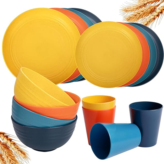 Rubtlamp Wheat Straw Dinnerware Set, 16Pcs Unbreakable Plates And Bowls Sets of 4, Plastic Plates Set Reusable (Four Colors) Include Dinner Platos, Dessert Platos, Cereal Bowls, Cups for Daily
