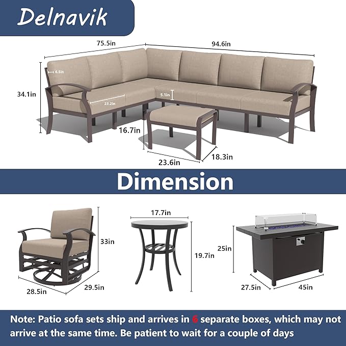 Kurapika Patio Furniture Set 10-Piece Aluminum Sectional Sofa with Armrest, Modern Outdoor Conversation Set w/55000 BTU Propane Fire Pit Table, Metal Corner Sofa with Ottoman, Sand